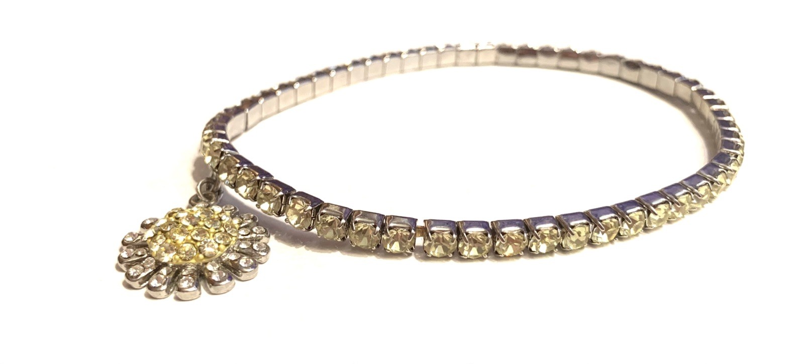 Vtg Silver Tone 9.1” Anklet Expansion Rhinestones Yellow w Daisy Sunflower Charm