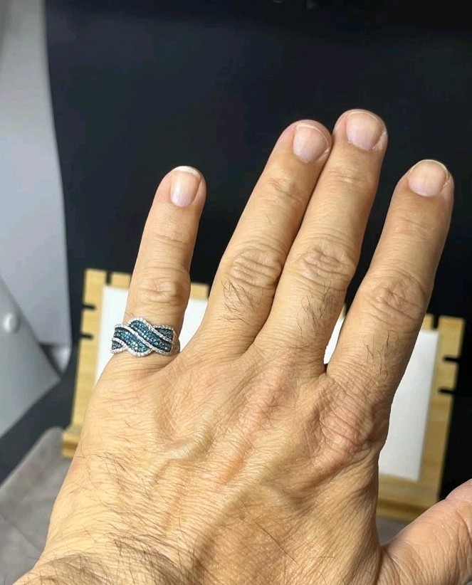 Silver Tone Blue & Clear Crystal Pavé Wave Band Ring, Size 7