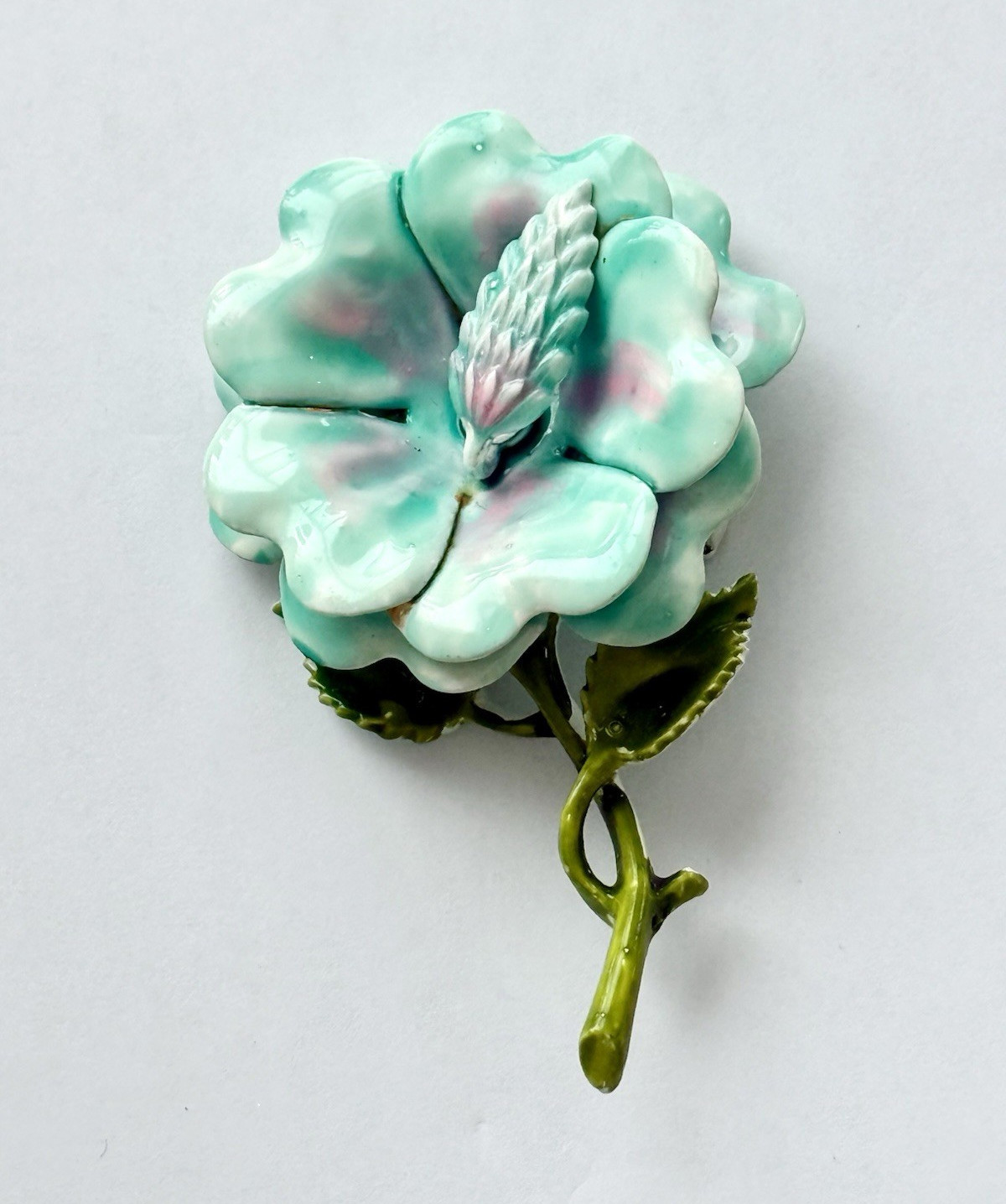 Enamel Flower Brooch Pin Aqua Green Pink White Metal 3″ No Stone