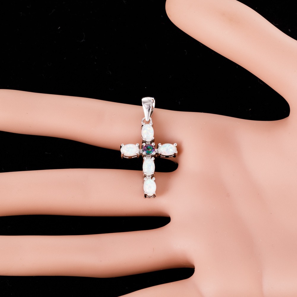 Latin Cross Mystic Topaz White Fire Opal Silver Jewelry Necklace Pendant