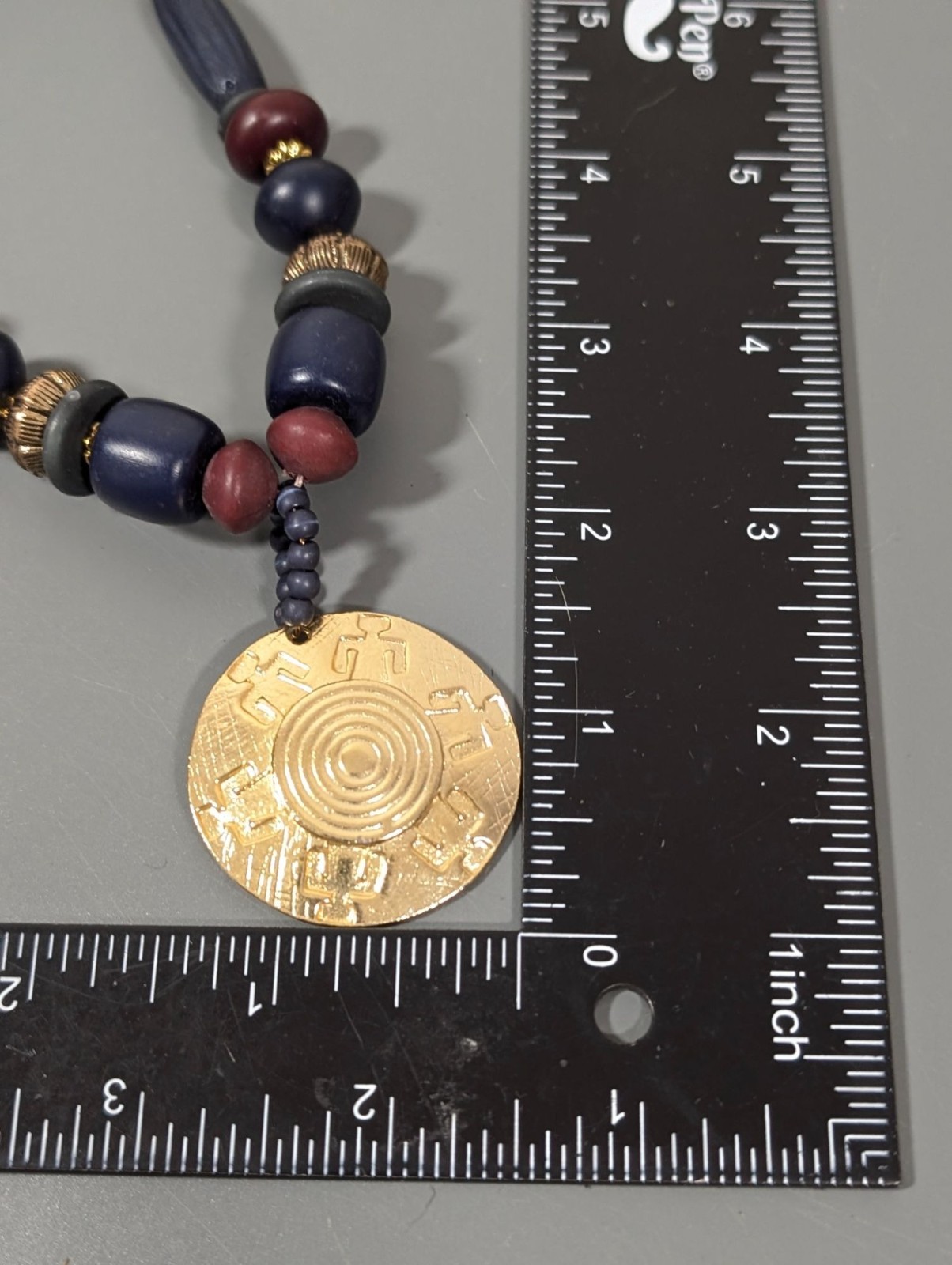 Retro Tribal Medallion Blue Red Green Multi Cord Gold Tone Necklace 18″