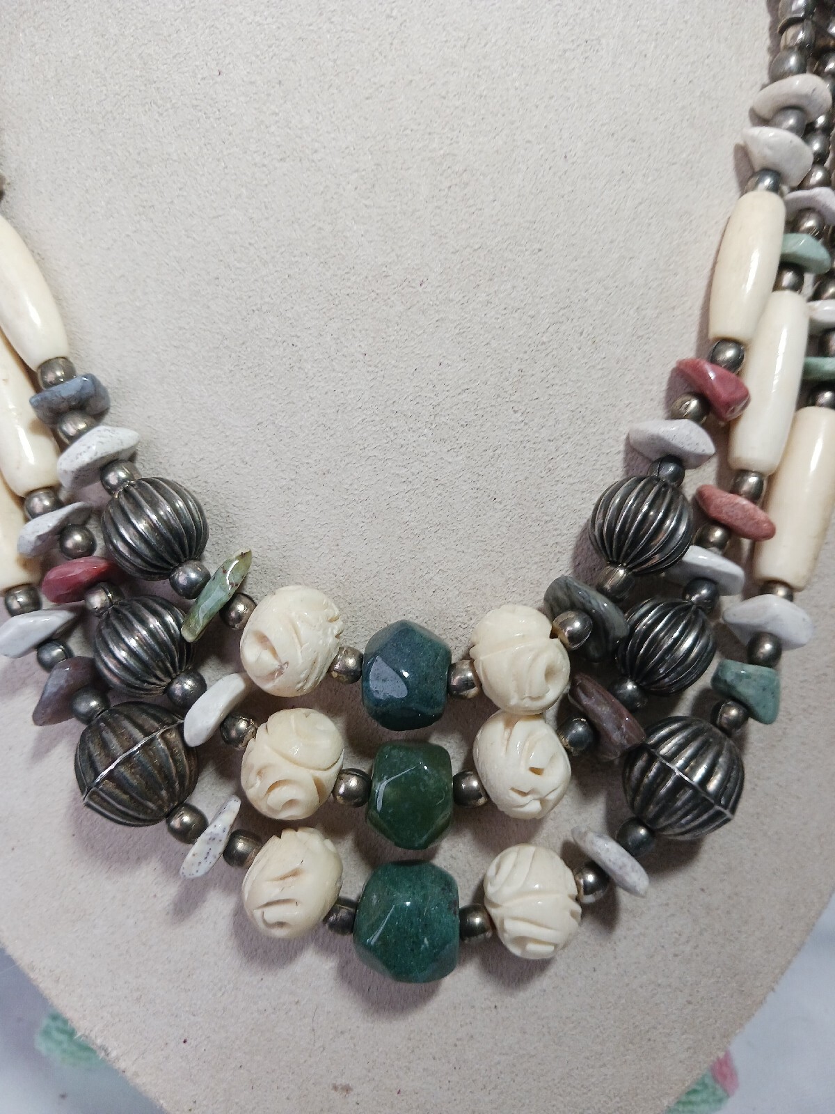 Black, Whit, Earth Colors Stones Beaded 3 Layer Necklace Statement (5130)