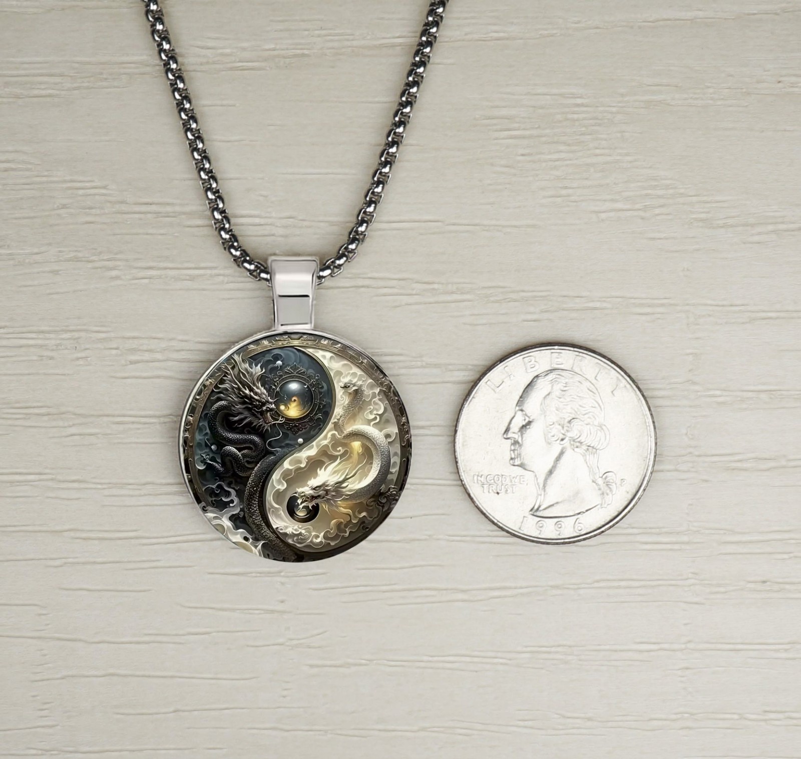 Intricate High Detail 2-D Yin Yang Dragon Pendant, Stainless Steel Chain