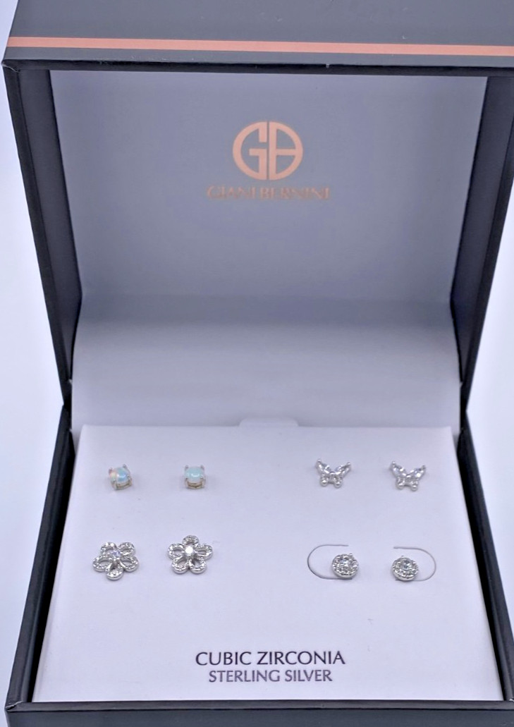 Giani Bernini Sterling 4-Pair Silver Synthetic Opal & CZ Stud Earrings Gift Box