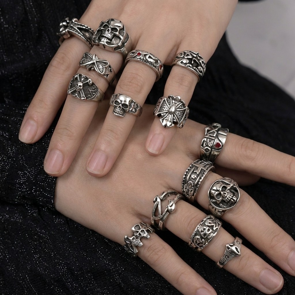 20pcs Rings Set Punk Gothic Skull Mixed Women Men Bulk Party Jewelry