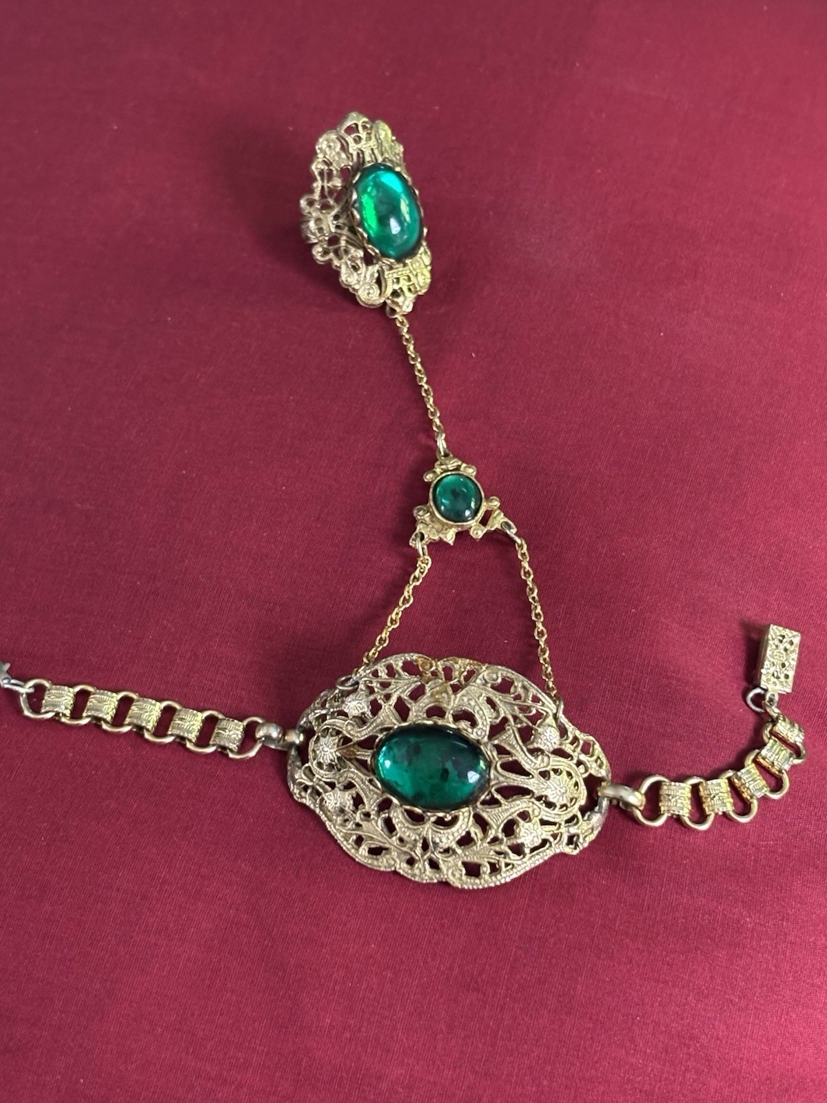 Gold Tone Filigree Hand Chain Slave Bracelet w/ Green Oval Cabochon Stones