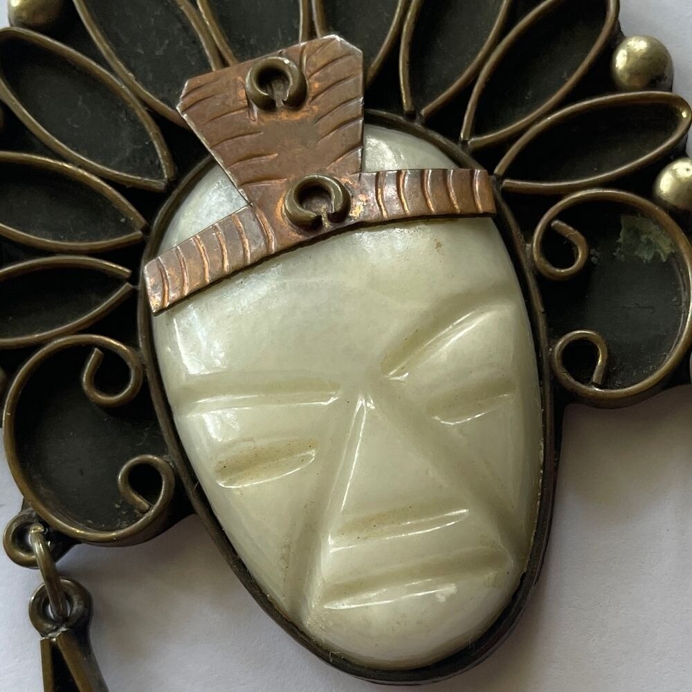Large Vintage Mexican Carved White Onyx Aztec Warrior Pendant Copper Brass