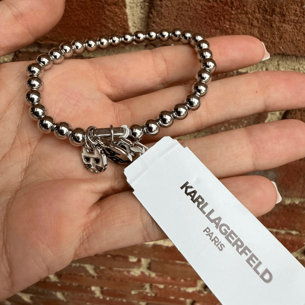 Karl Lagerfeld Paris Beaded Charm Stretch Bracelet Rhodium Zinc Brass OS NWT