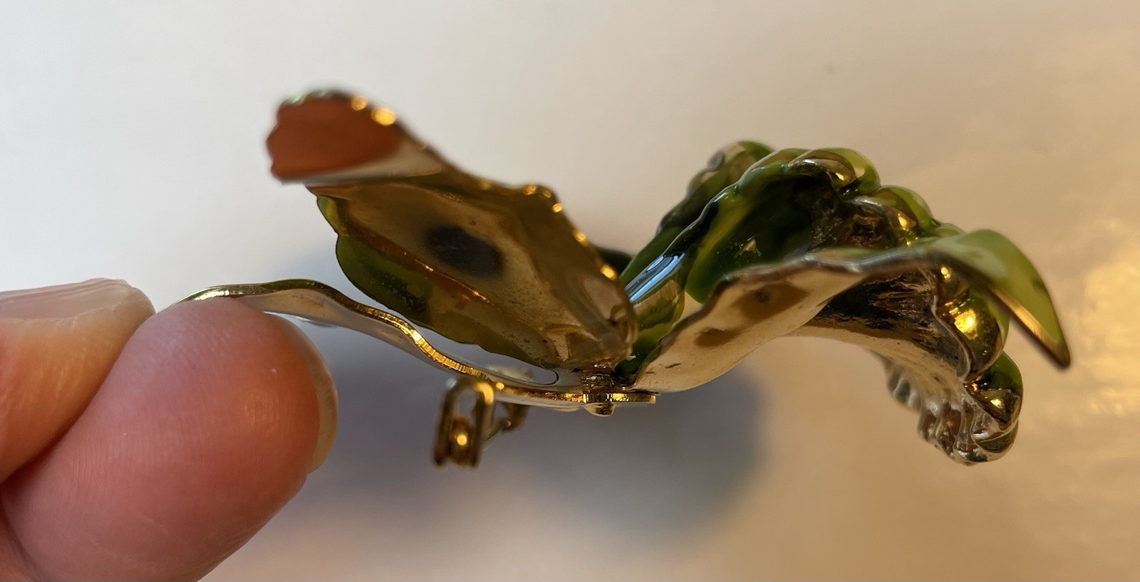 Green Enamel Lily Flower Brooch Gold Rimmed and Gold Tone Metal Pin Closure