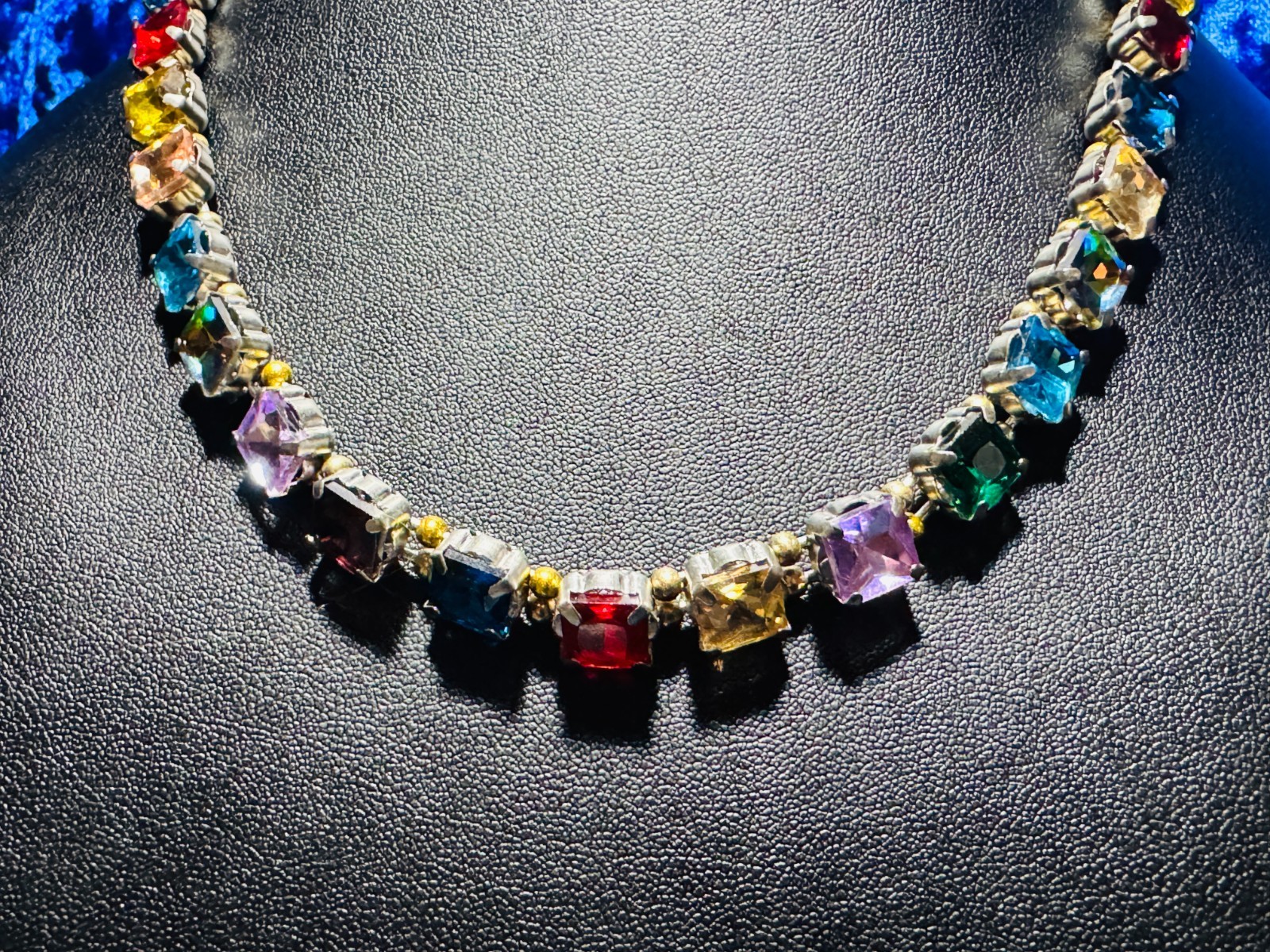 Multi-Colored 10mm Square Rhinestone Necklace Platinum Color Plating Durable 16″
