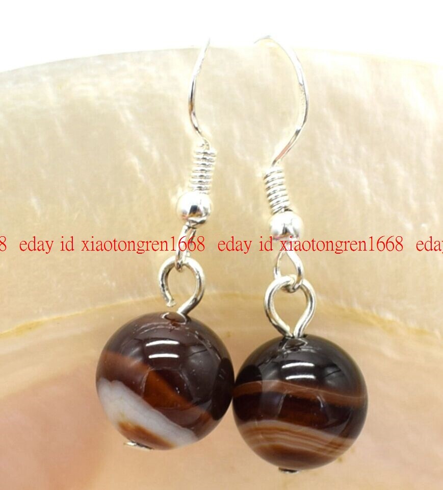 Lovely Charming 12mm Brown Striped Agate Round Gems Dangle Hook Earrings