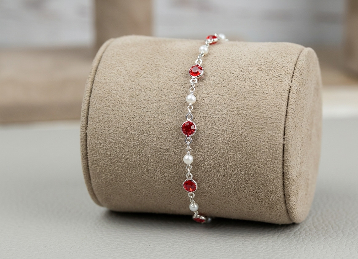 Red Ruby & Pearl Silver Plated Minimalist Boho Chain Bracelet | Handmade Premium