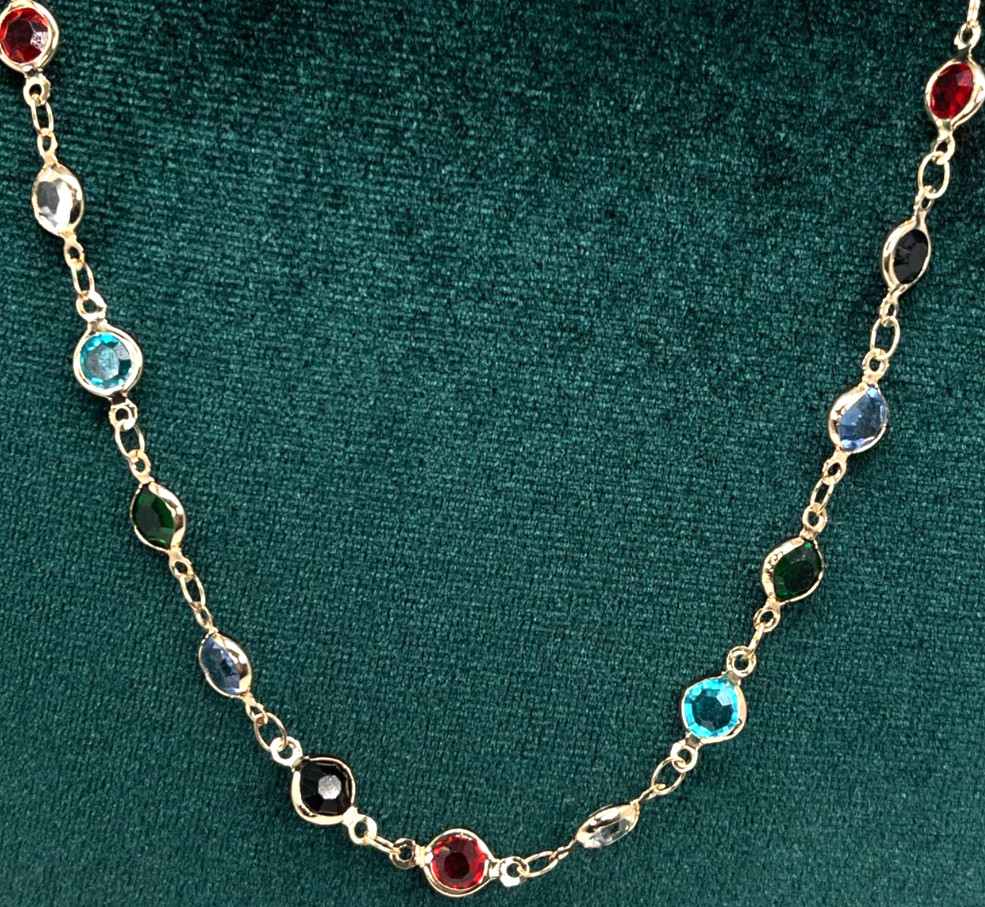 Necklace Gold Tone Blue, Red, Green, White & Black Faceted Crystals. Length 20″