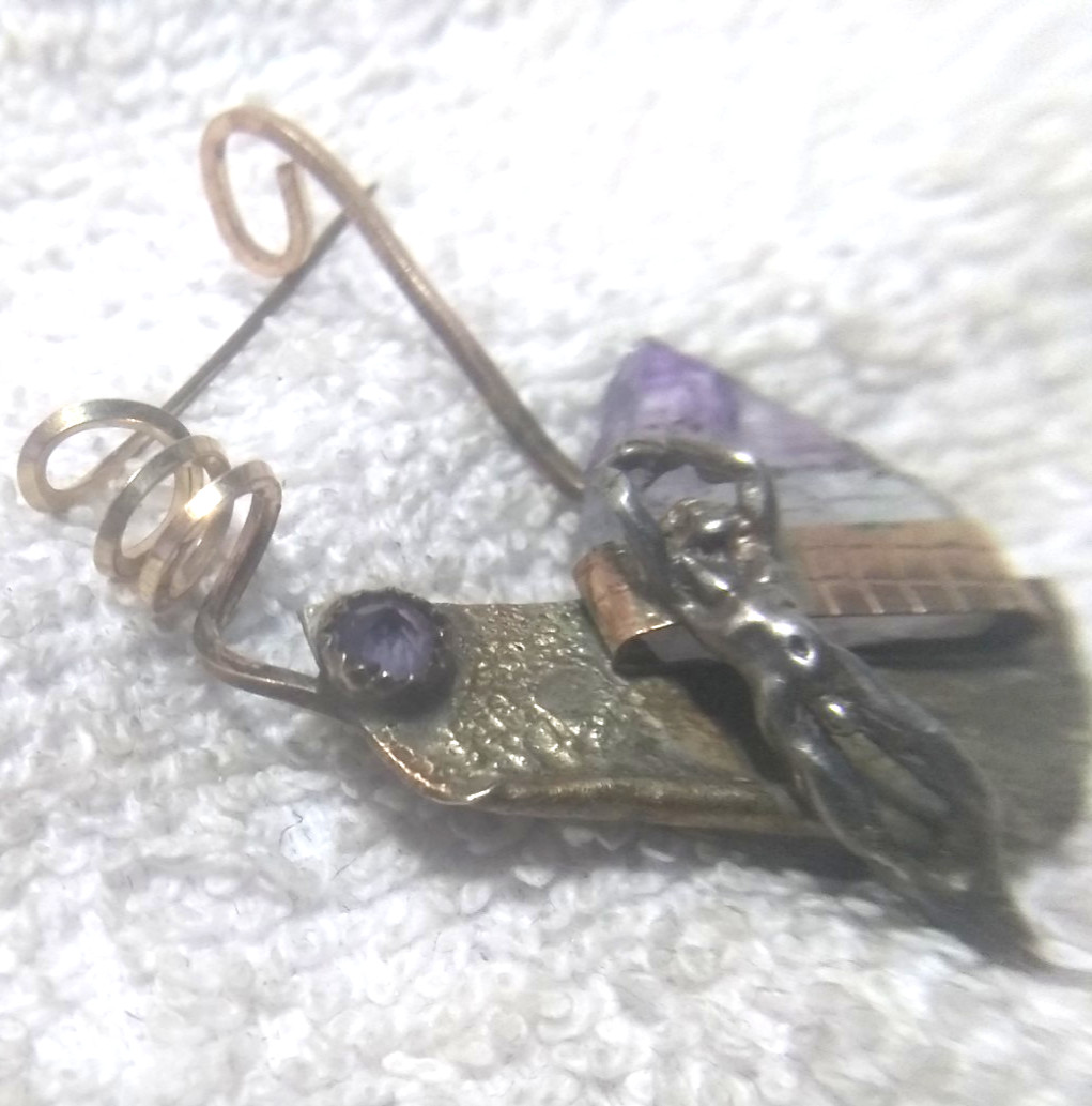 Hand Made Pin Broch Metal Glass Stone Brass Person Standing Arms Up Rare Find