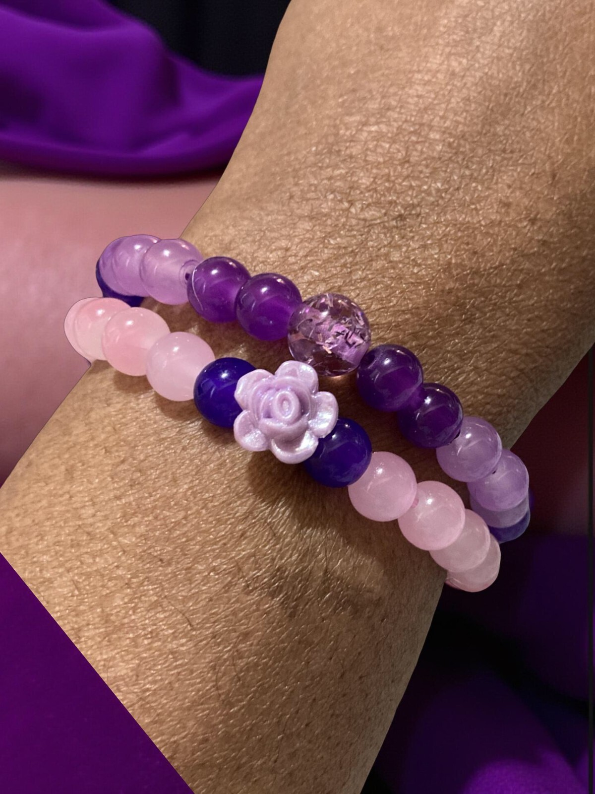 Set of 2 purple and pink handmade 8 mm crystal bracelet for all occasions