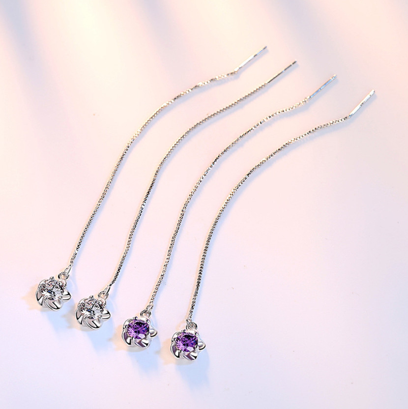 925 Sterling Silver Plated Plumeria CZ Flower Tassel Pull Threader Earrings TH1