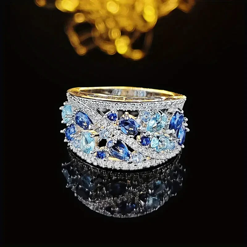 Elegant 925 Sterling Silver Blue White Topaz Wedding Engagement Ring Size 8