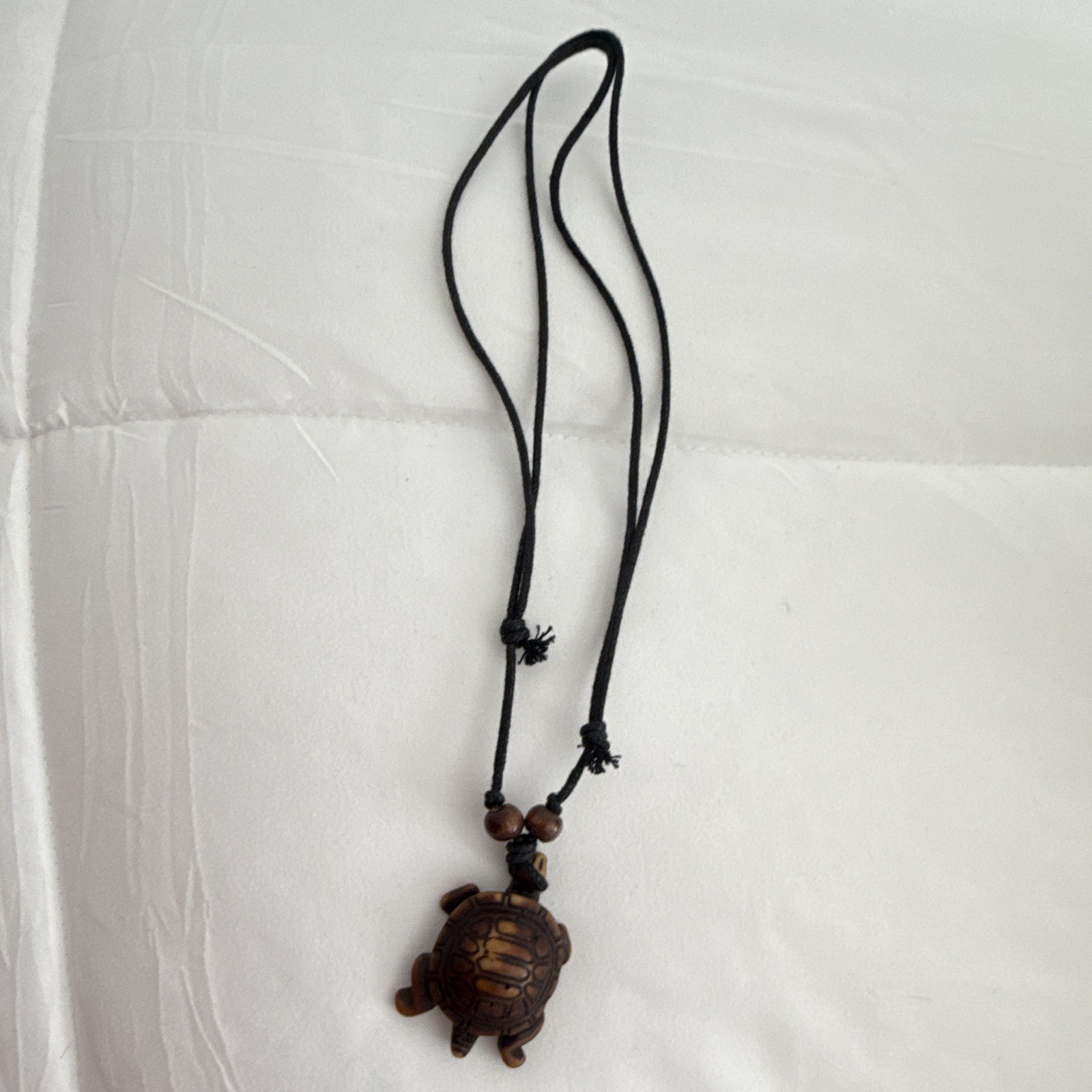 Adjustable Black Cord Beaded Necklace with Brown Wood Turtle Charm Pendant