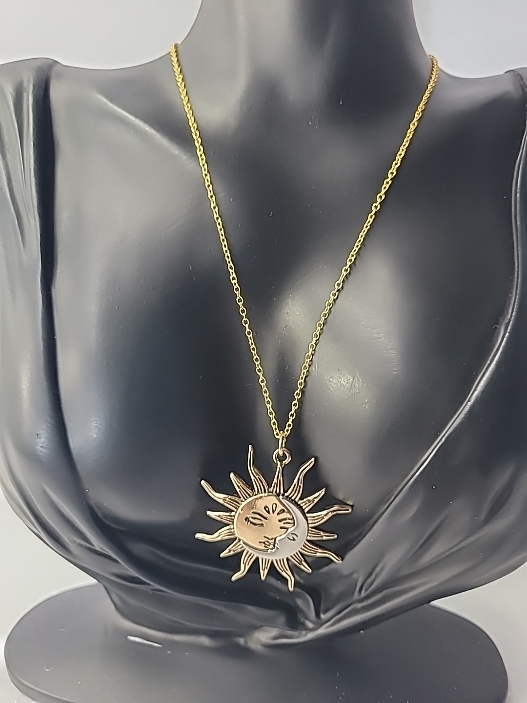 Sun Moon Necklace Gold Tone Celestial Face Pendant Boho Astrology Two Tone