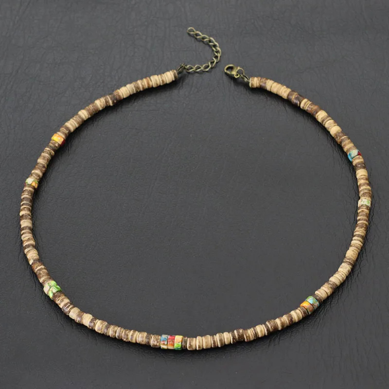 Natural Coconut Wood Necklace 19 Inch Round Bead Rope Chain Men Jewelry