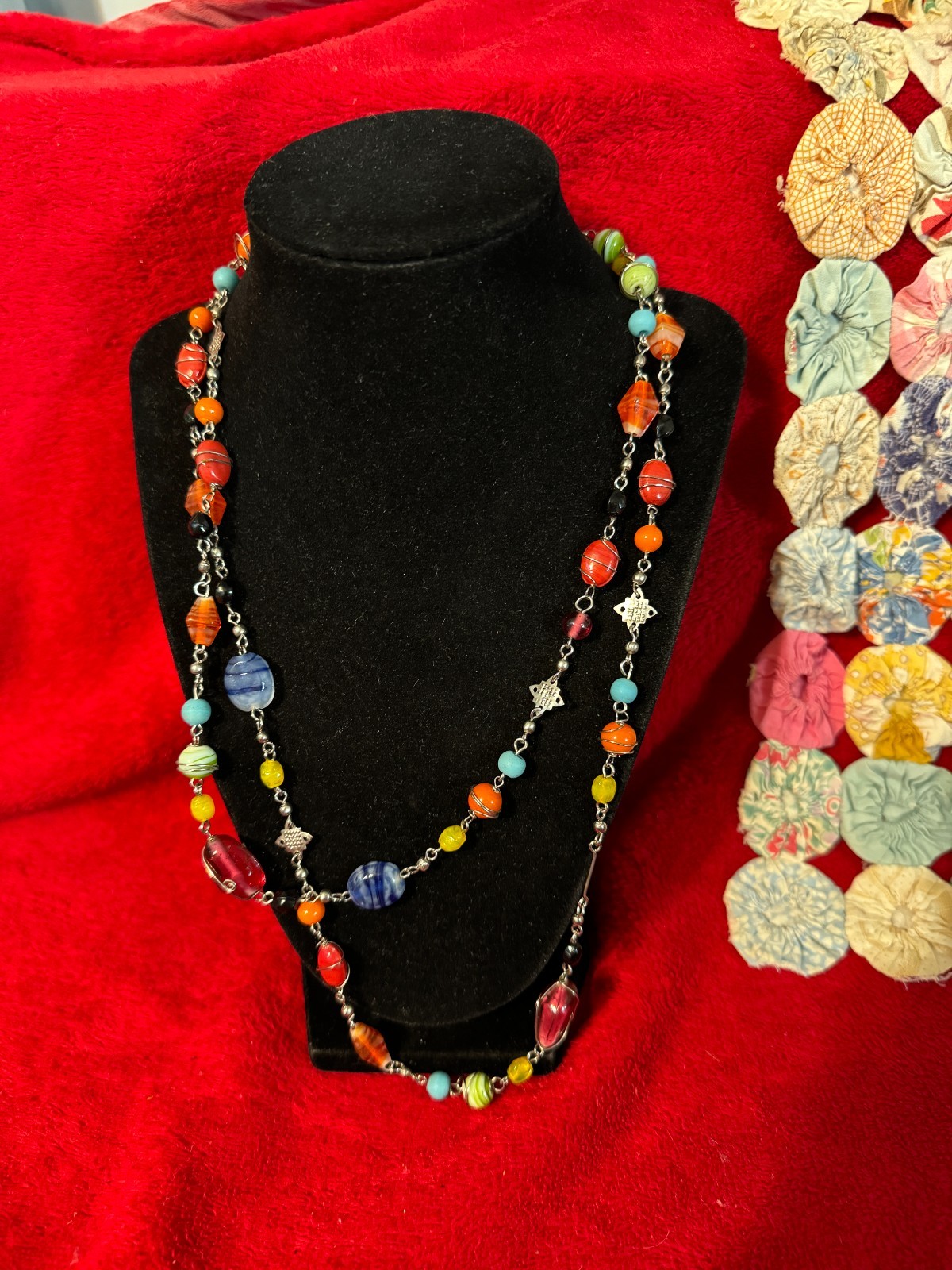 Multicolor Glass Beads and Silvertone Metal Between The Beads Very Long Necklace