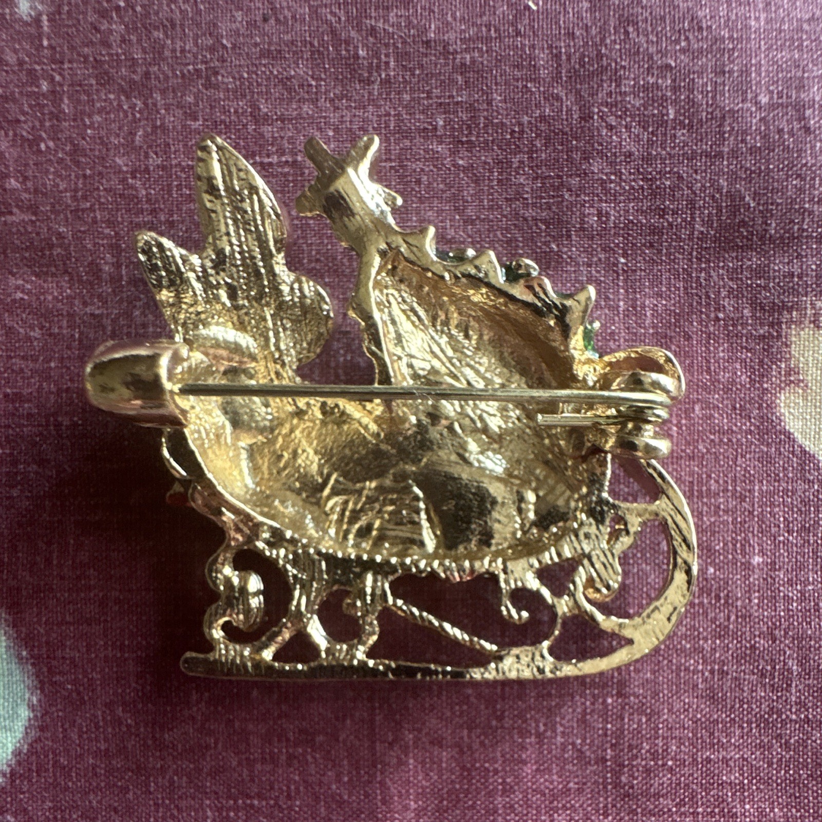 Christmas Sleigh Tree Brooch Pin Gold Tone Enamel Red Green Blue Rhinestones