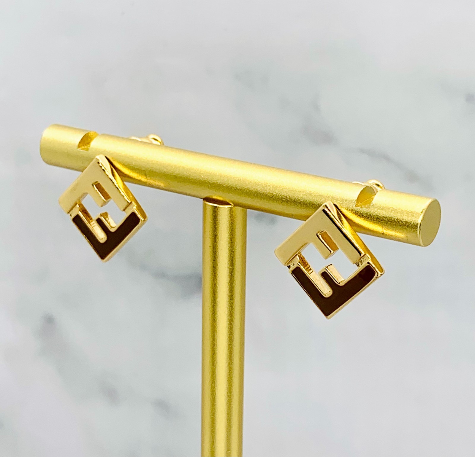 FENDI FF Black Gold Tone Monogram Earrings – Pre owned / MC6113