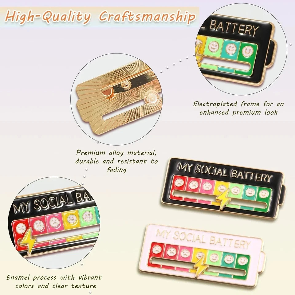 Funny Social Battery Slider Pin – 7-Mood Expression Badge, Cute Interactive Pin