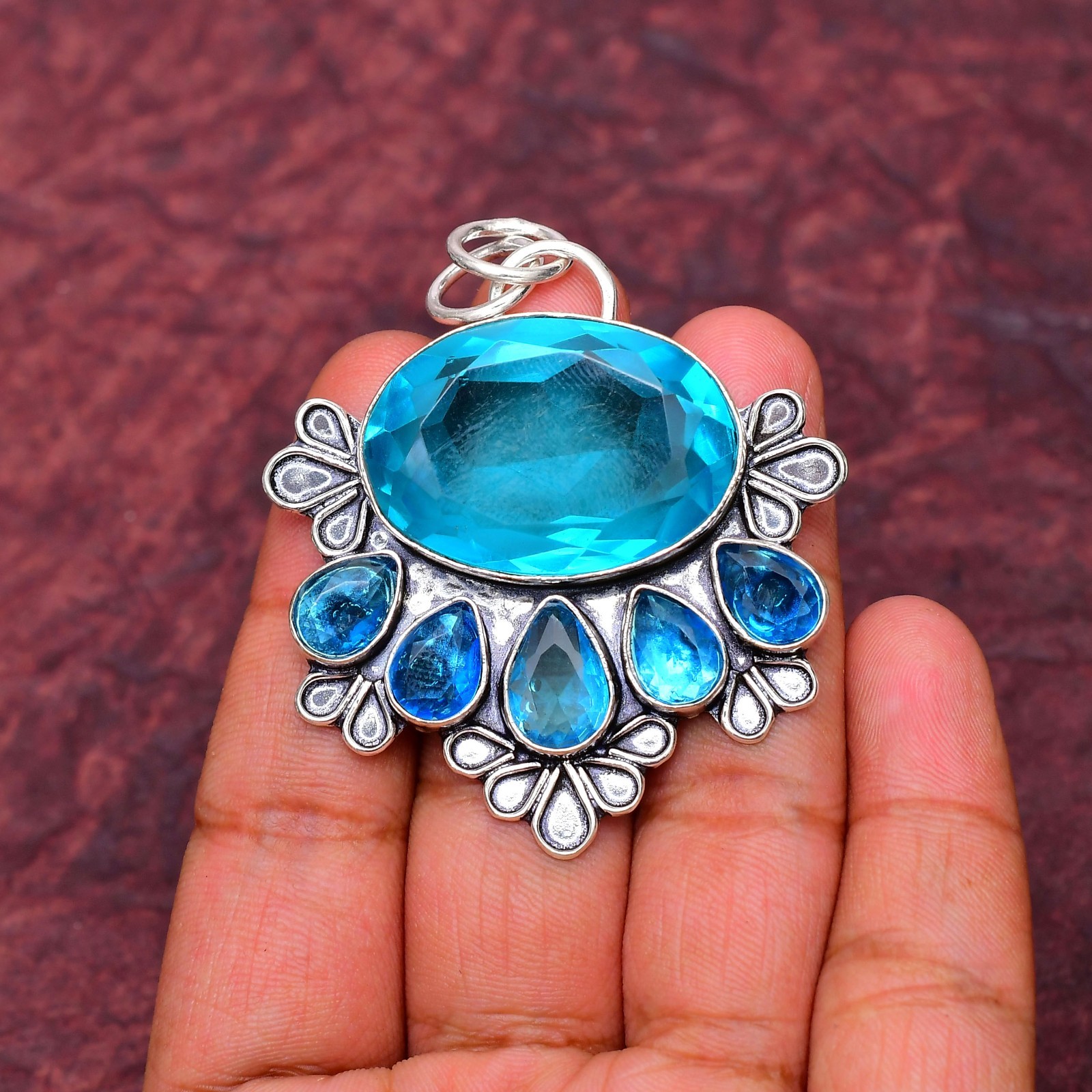 Blue Topaz Gemstone 925 sterling silver Handmade Pendant jewelry 2.16″