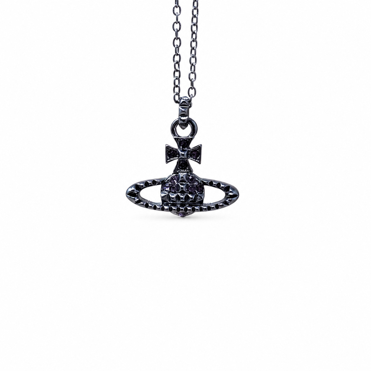 Vivienne Westwood Necklace Black Studded Orb Pendant With Purple Crystals & Box