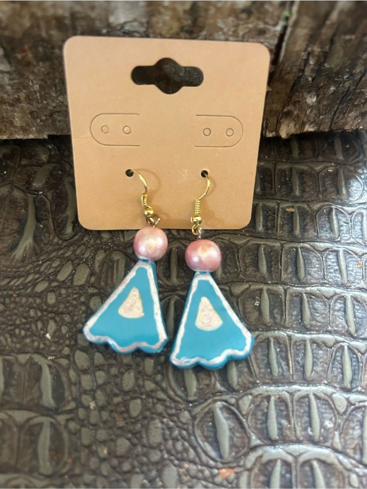 Handmade Blue Triangle Drop Earrings with Pink Bead