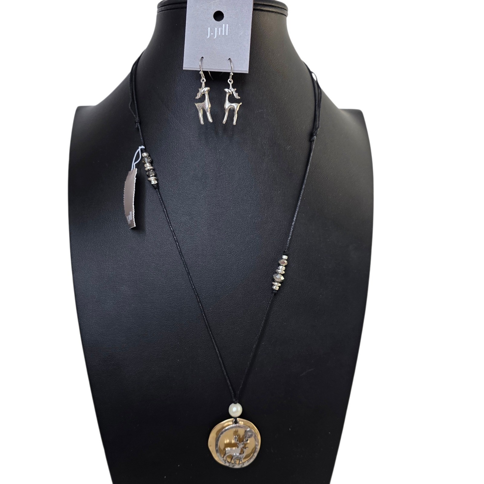 J Jill Winter Holiday Necklace Earring Set Reversible Reindeer Pine Tree NWT
