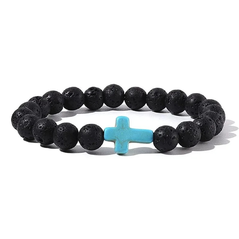 1pc Natural Stone & Wood Bead Prayer Bracelet with Cross – NEW