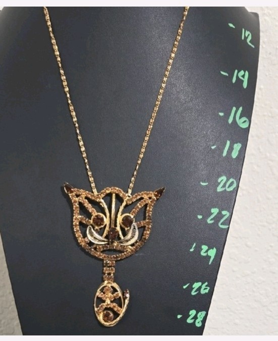 Rare Vintage Unsigned Alice Caviness Amber Toned Rhinestone Cat Necklace