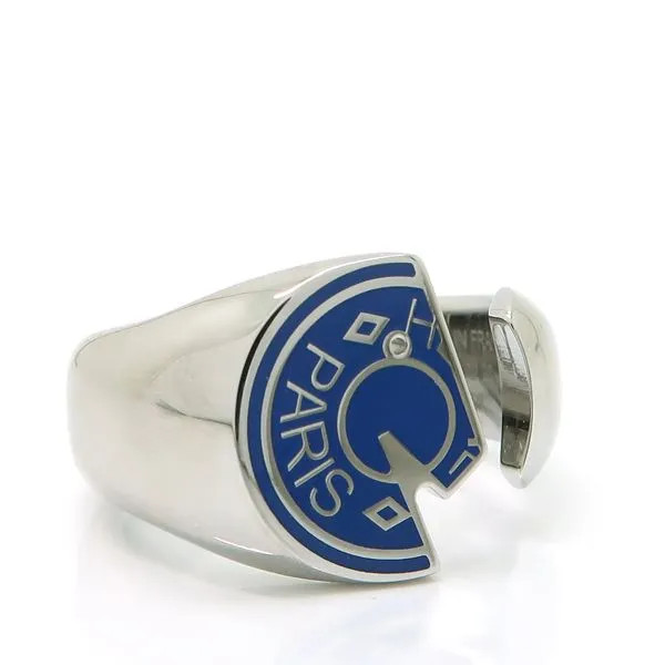 HERMES Carrousel Ring T58 Size Lacquered Metal Silver Blue Color Logo Paris