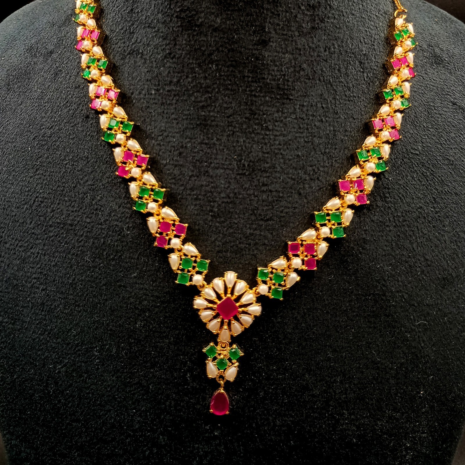 Bollywood Style Ruby Emerald Pearl 22K Gold Plated Jewelry Necklace Earrings Set