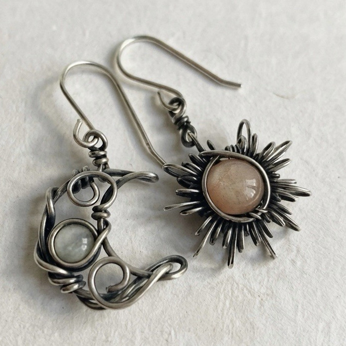 Oxidized Silver · Moonstone Asymmetric · Hook earrings bohemian handcrafted