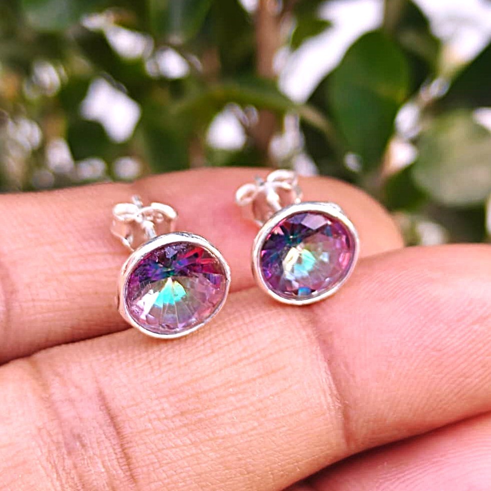 Natural Mystic Topaz Gemstone Stud Earrings, Sterling Silver, Handmade Jewelry