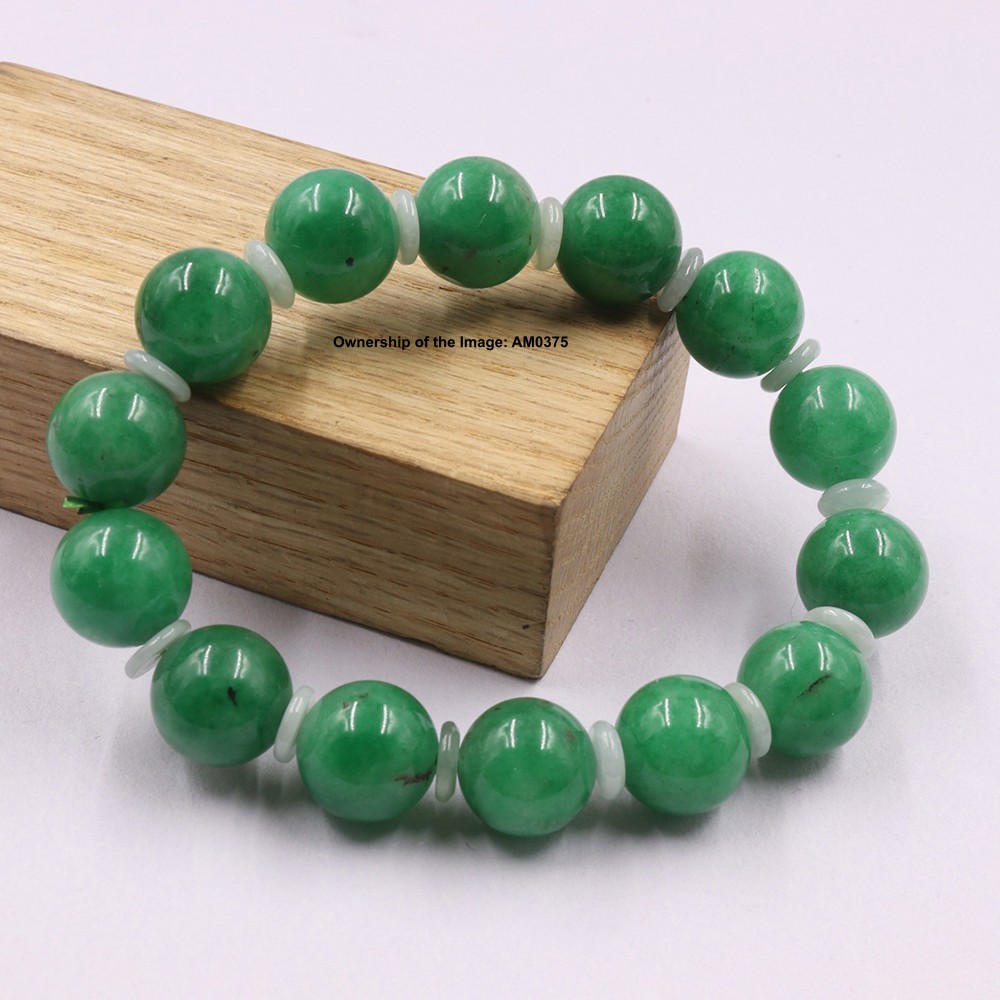 Chinese Heated Green Jade 12mm Round Bead Elastic Bracelet Fit 6.5″ Wrist