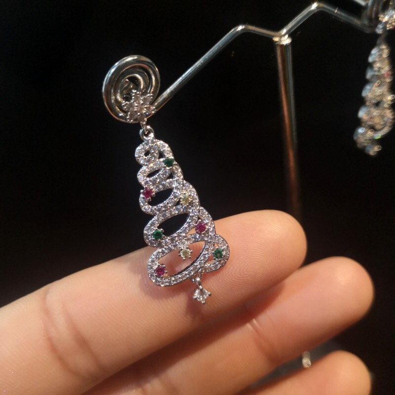2025 Xmas 925 Silver Crystal Christmas Tree Earrings Drop Dangle Women Jewelry