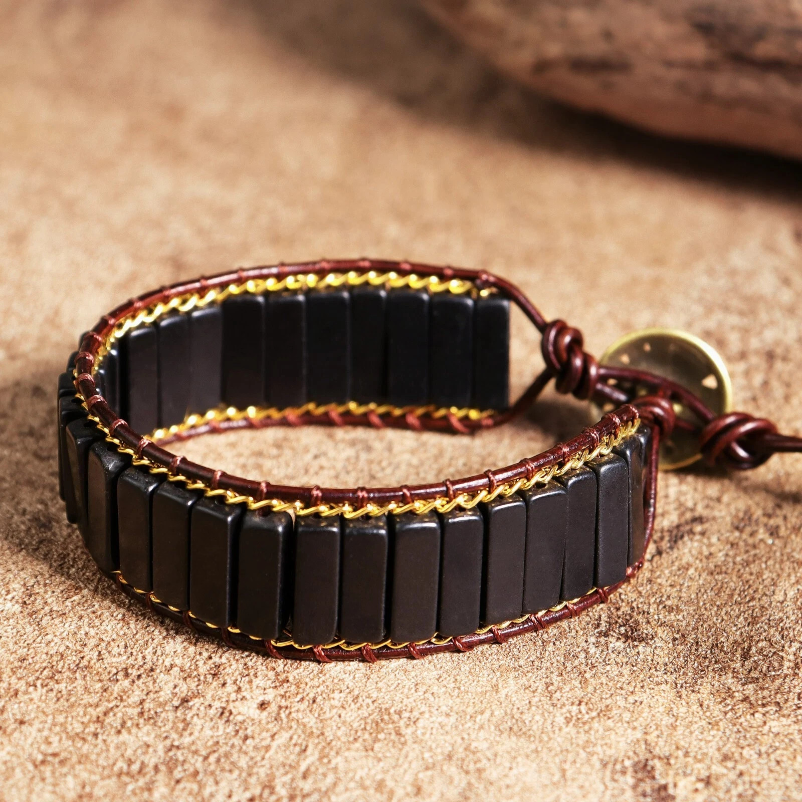 Natural Black Tourmaline Bracelet Tube Beads Healing Crystal Leather Bracelet