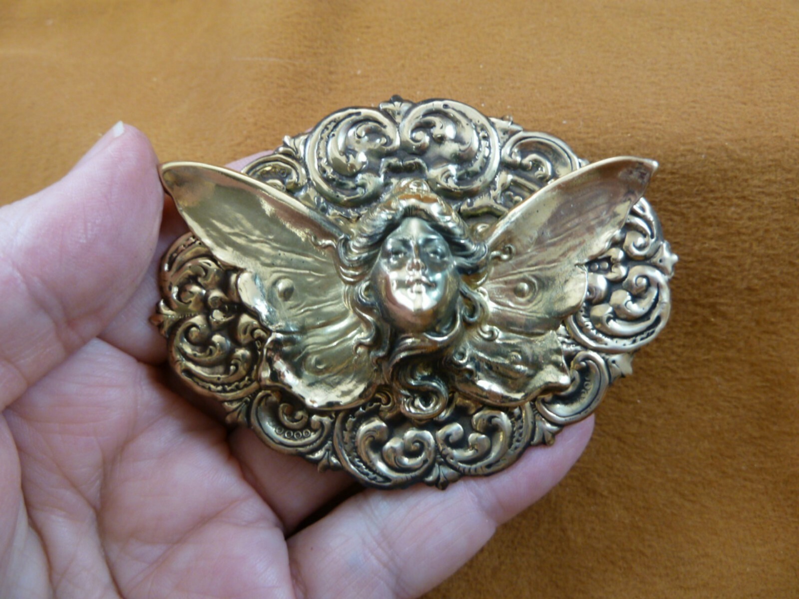 b-fair-4-2) Girl Lady fairy butterfly butterfly wings scrolled brass pin pendant
