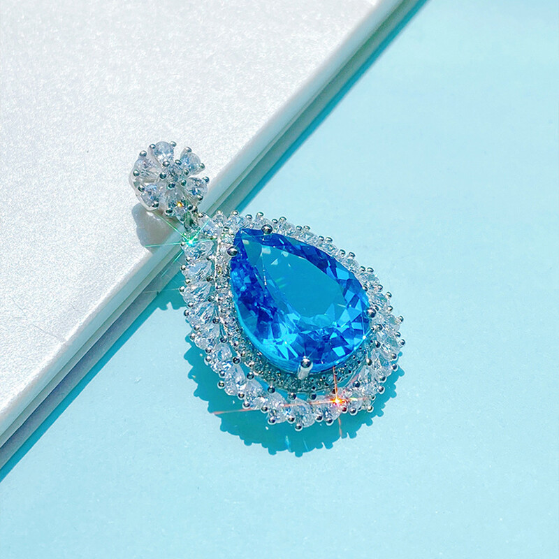 New Water Drop Blue Topaz Gemstone Charm Women Jewelry Silver Necklace Pendants