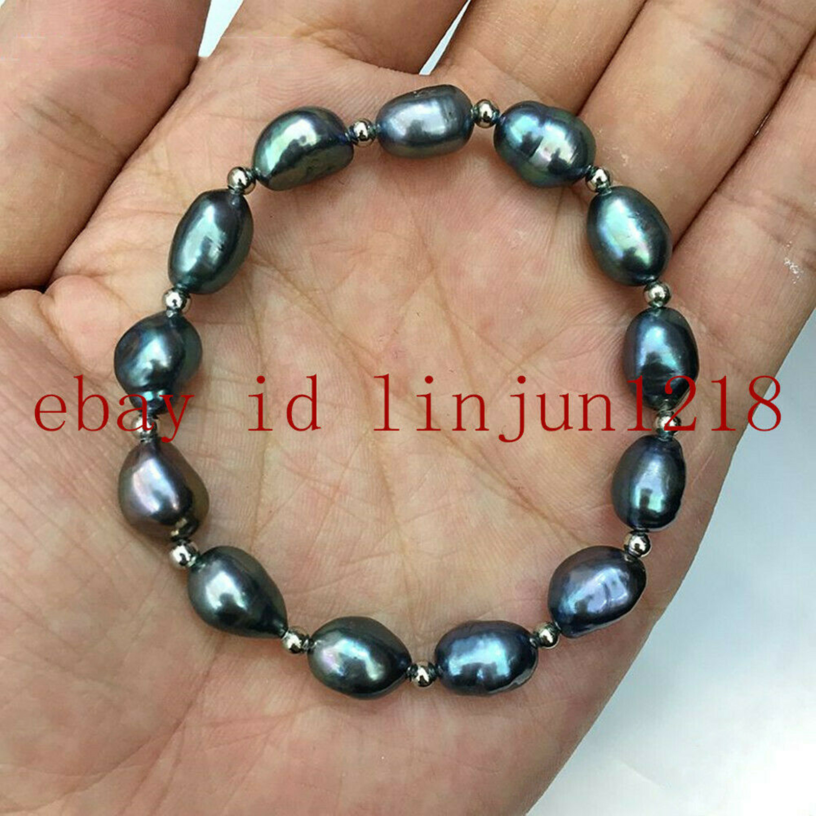 Natural 9-10mm Tahitian Cultured Freshwater Black Pearl Bracelet 7.5” AAA