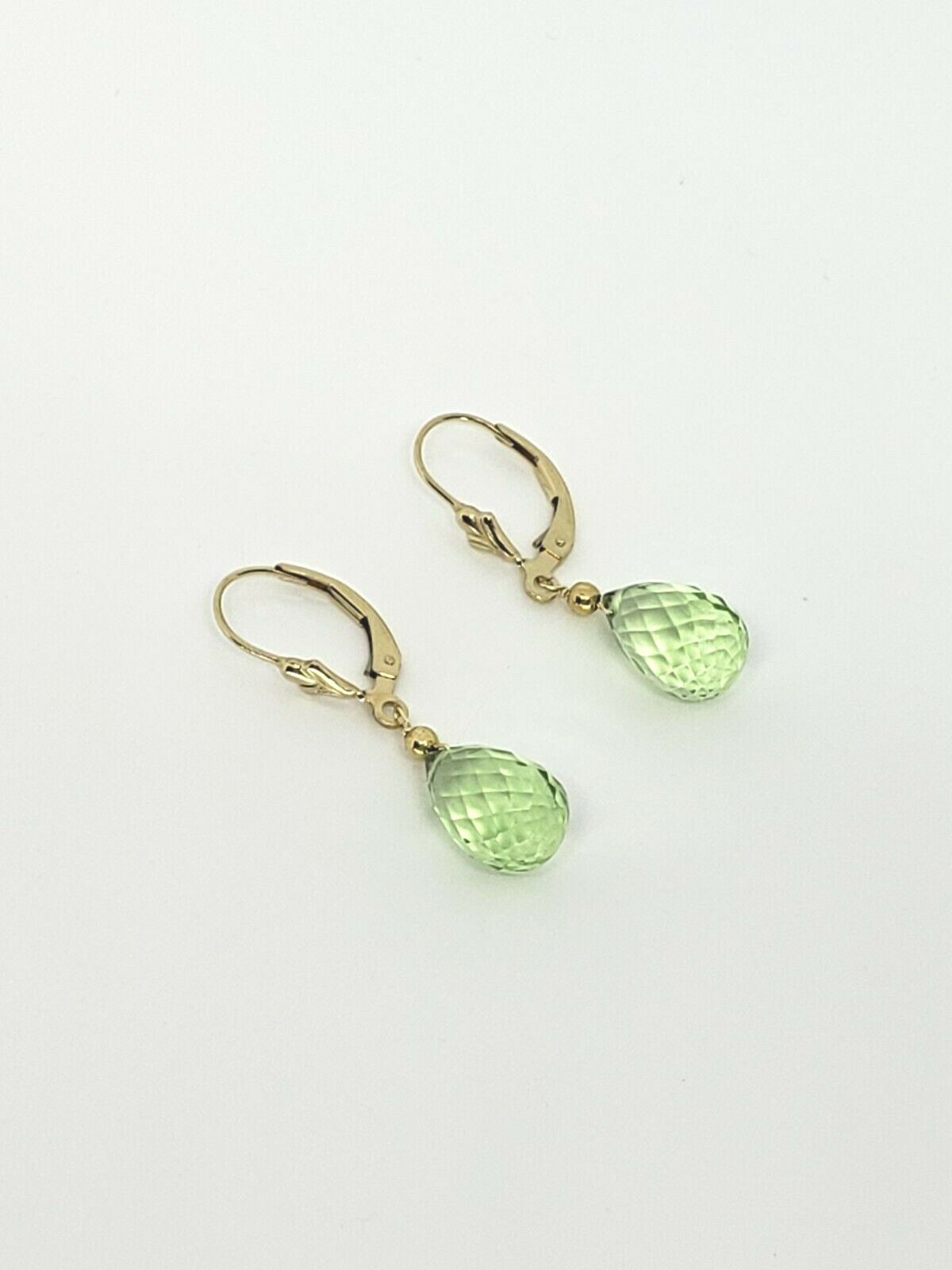 14k Yellow Gold Filled Faceted Green Amethyst Briolette Drop Dangle Earrings