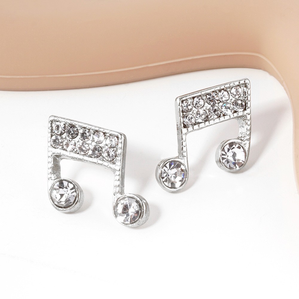 Rhodium Silver toned Crystal Paved Music Note Stud Earrings