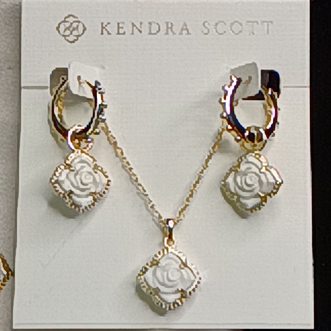 Kendra Scott Mallory Rose Huggie Hoop Earrings & Matching Necklace – Gold / Whit