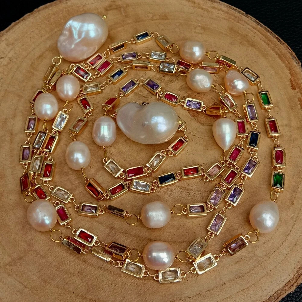 1Pcs Freshwater Baroque Pearl Mixed Color Rectangle Cz Pave Long Chain Necklace