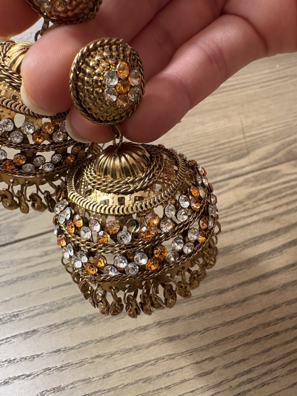 Earrings Brand new Gold & orange jhumka earrings with orange & clear rhinestones