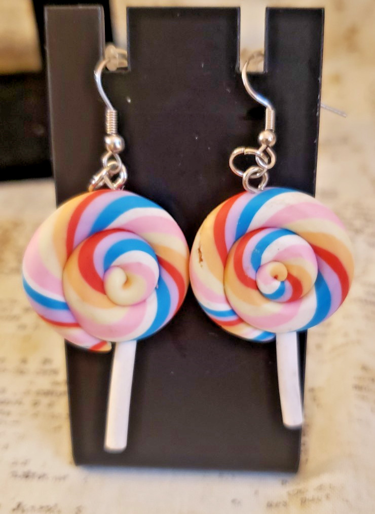 Y2K, Quirky, Whimsical, Dangling Small Lollipop Earrings – Rainbow Swirls